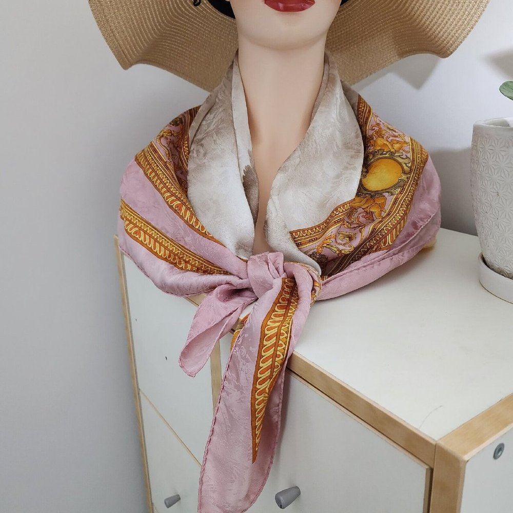 Vintage 34” Square Silk Scarf Maison des Canuts Lyon France Pink Gold Angels